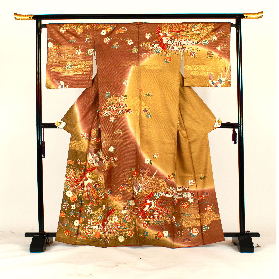 訪問着 袷 身丈165.5cm 裄丈68cm 京友禅 鳳凰 吉祥文様 正絹 Aランク 茶系 1112001063514