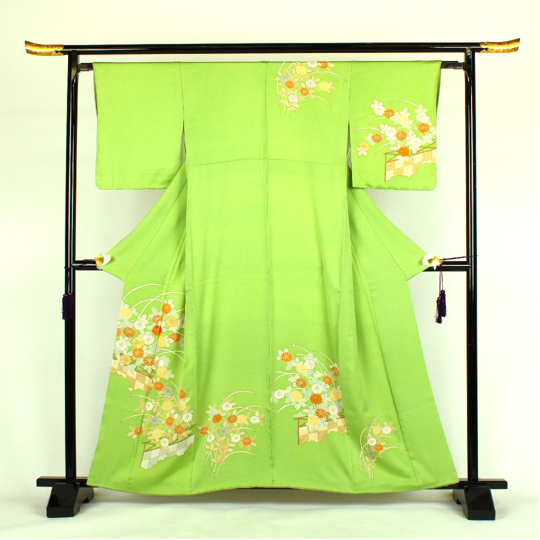 Homongi, lined, length 160cm, sleeve length 64cm, chrysanthemum, pure silk, S rank, green, 1112000332419