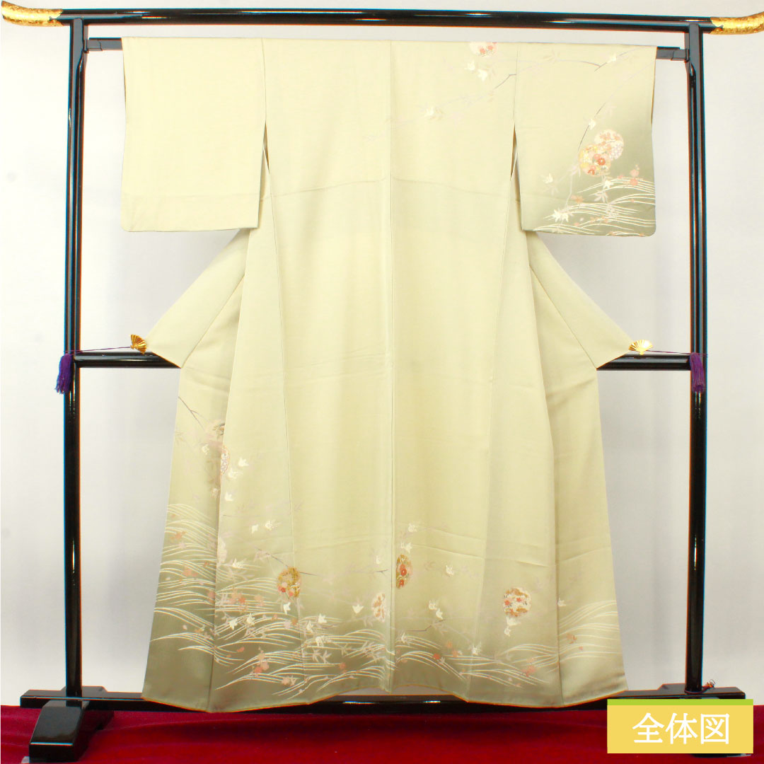 訪問着 袷 身丈155cm 裄丈63cm 利休白茶色 京友禅 吉祥文様 正絹 Sランク 緑系 1112003902319