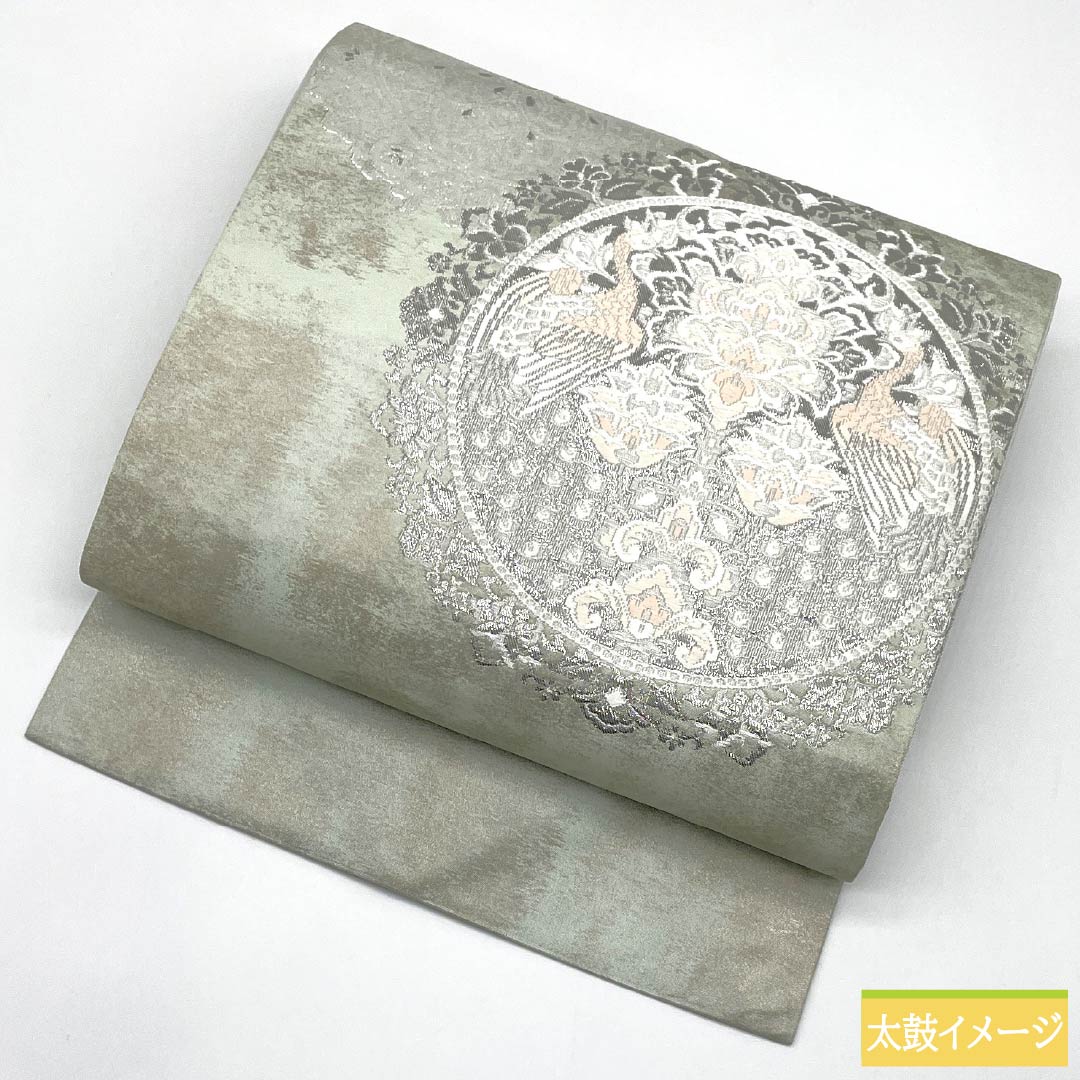 名古屋帯 正絹 Aランク 薄緑色(うすみどりいろ) 引箔 プラチナ箔 華紋 帯丈350cm ポイント柄 セミフォーマル 水色系 1124010713324 名古屋仕立て