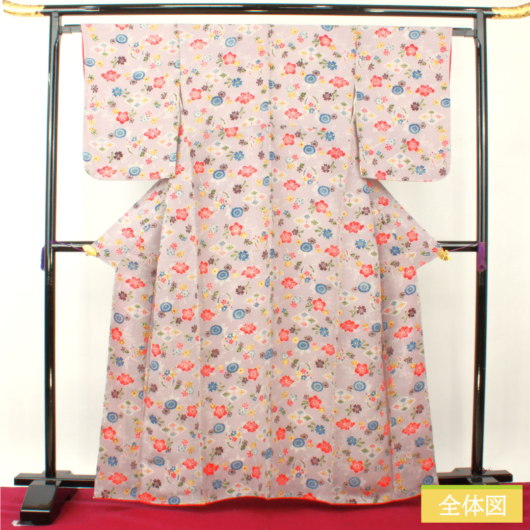 小紋 正絹 身丈163.5cm 裄丈64cm 袷 葡萄色(えびいろ) 型染 吉祥文様 しつけ糸付き Sランク 紫系 1115004482420