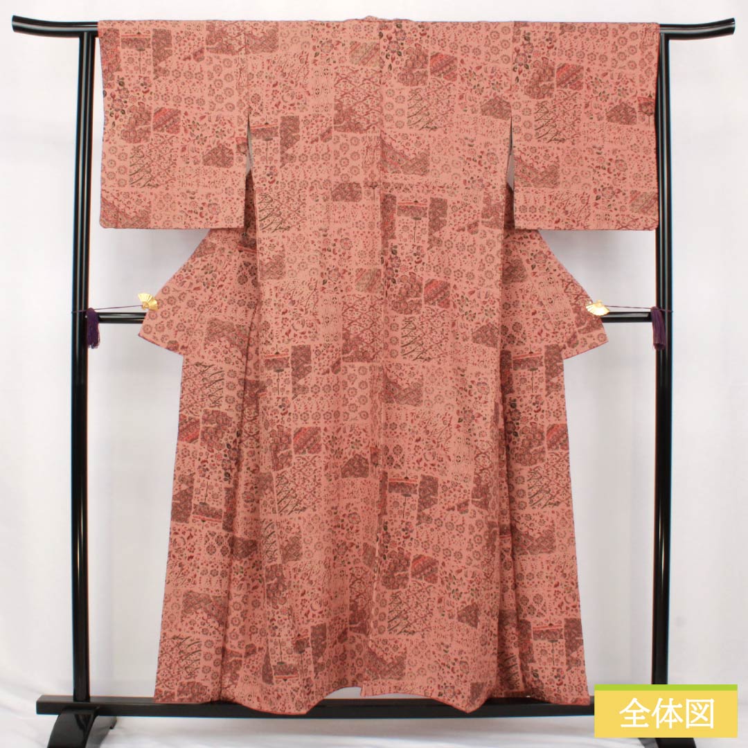 小紋 正絹 Sランク 身丈153.5cm 裄丈63.5cm 袷 緋褪色(ひさめいろ) 更紗 朱系 1115007532216