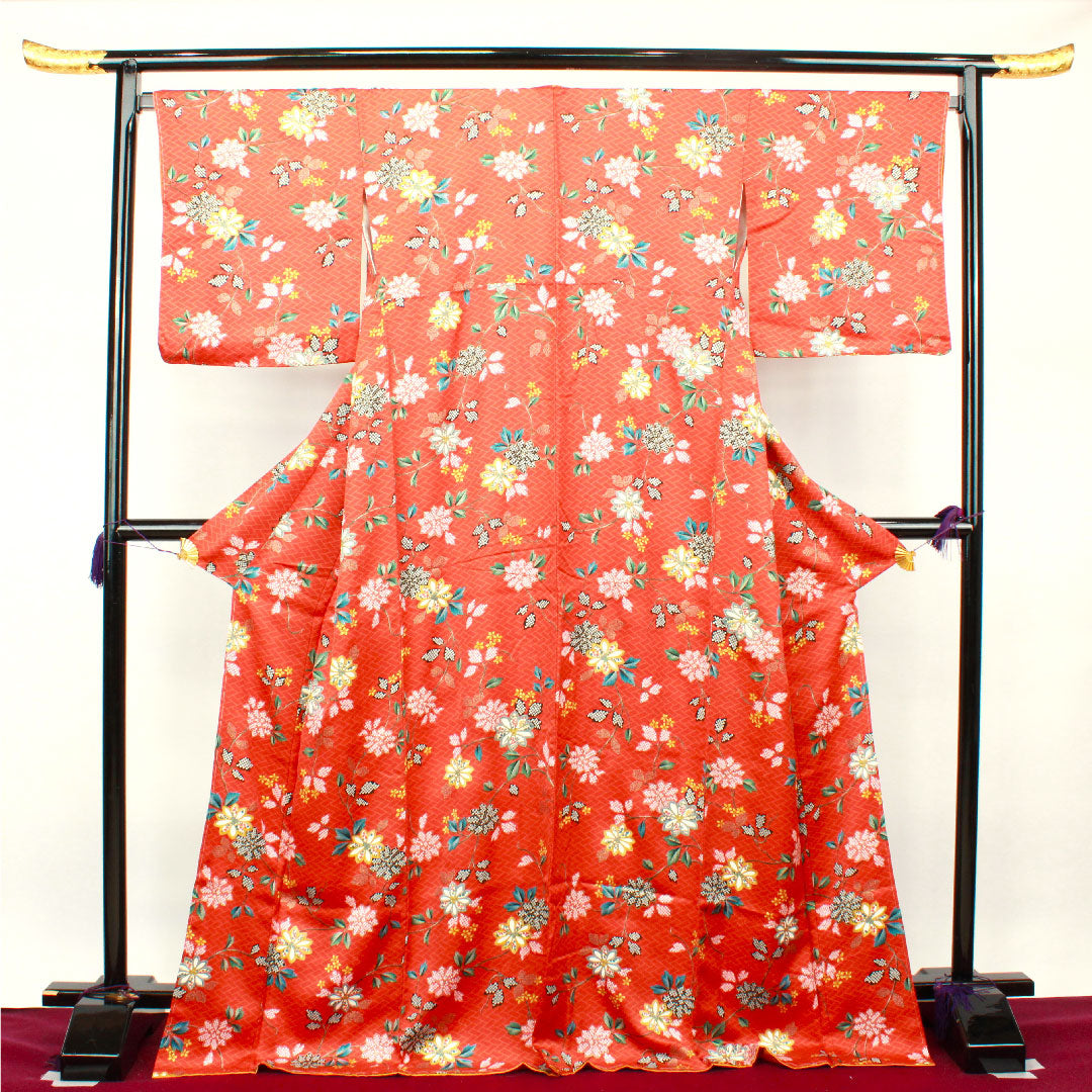 小紋 身丈175cm 裄丈65cm 袷 しつけ糸付き 銀朱色 草花模様 正絹 Sランク 朱系 1115002772816