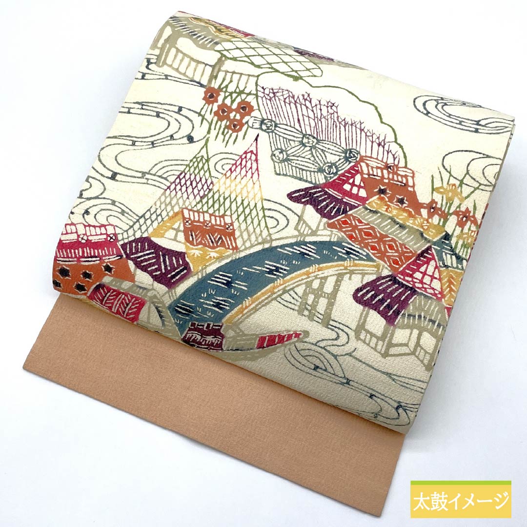 Nagoya obi, natural color (kinariiro), stencil-dyed, tsumugi fabric, landscape pattern, obi length 363cm, pure silk, S rank, full-length, casual, cream color, 1124007892315, Nagoya-made