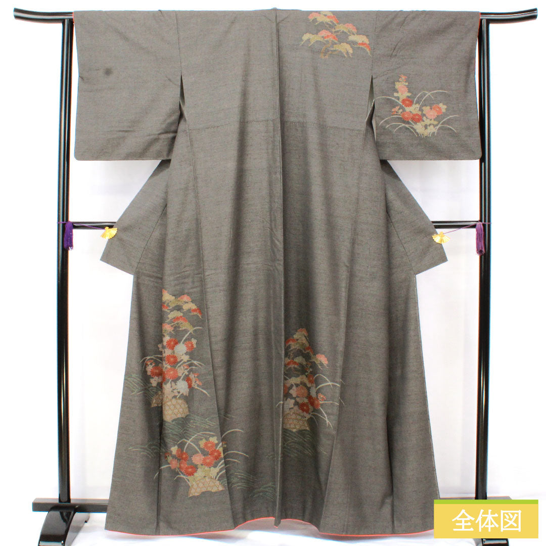 Homongi (formal kimono) made of pure silk, lined, length 160.5cm, sleeve length 63.5cm, Noshime-iro (wrapping color), pongee fabric, floral pattern, S rank, gray, 1112005442422