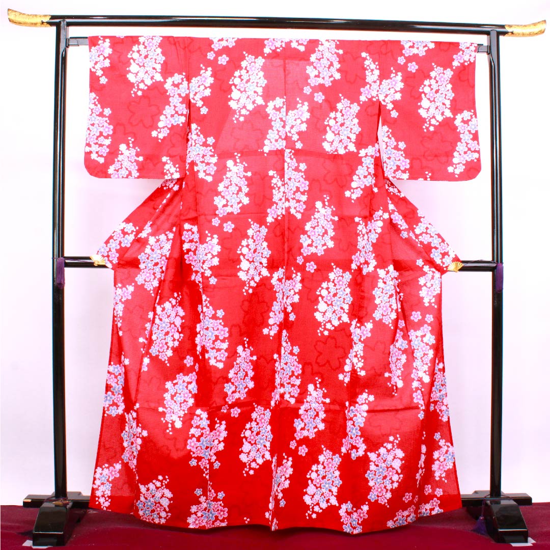 浴衣 土耳古赤色 梅 桜 木綿 Sランク 単衣 身丈165cm 裄丈65.5cm 赤系 1118004232512