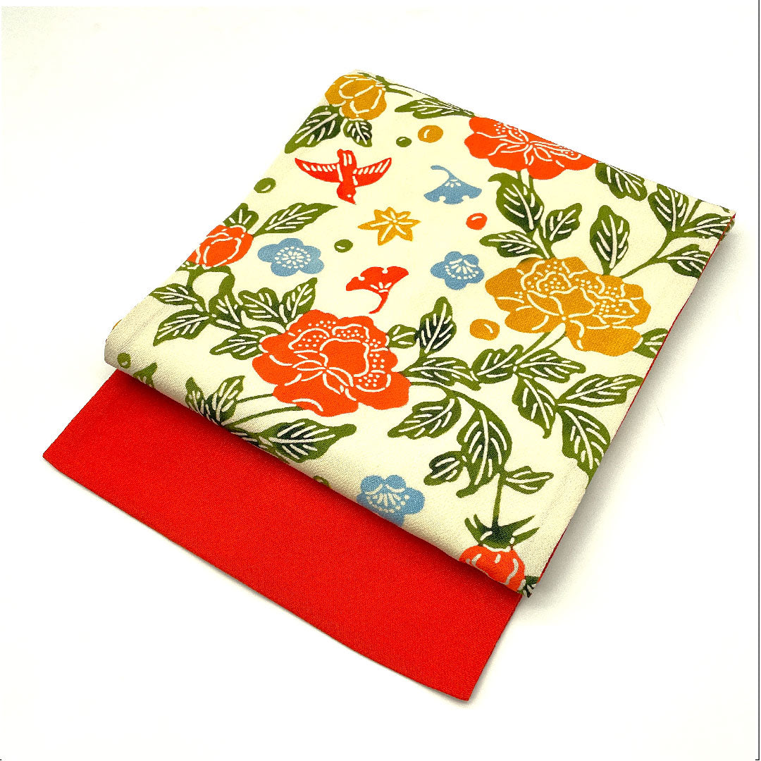 名古屋帯 型染 染め帯 花鳥模様 帯丈378cm 正絹 Aランク 全通 カジュアル クリーム系 1124002033315