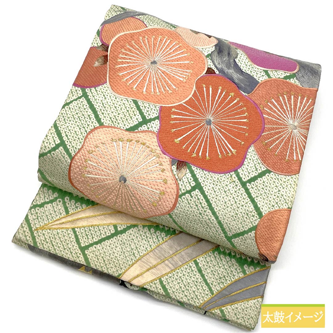 (丸帯)袋帯 正絹 琅玕色(ろうかんいろ) 絞り ビンテージ 刺繍 笹 帯丈404cm Bランク ポイント柄 セミフォーマル 緑系 1123014604319