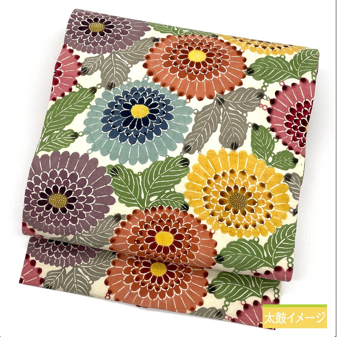 名古屋帯 正絹 生成り色(きなりいろ) 花柄 菊 帯丈348cm Aランク 六通 カジュアル 白系 1124006373311 名古屋仕立て