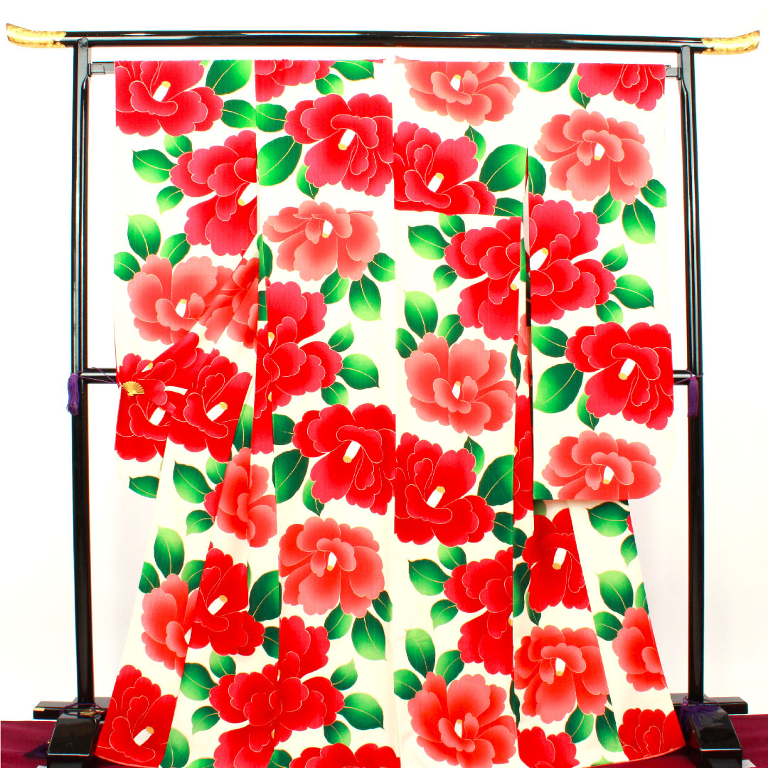 振袖 身丈170.5cm 裄丈67.5cm 袷 象牙色 洗える着物 椿 ポリ Sランク クリーム系 1113001272615