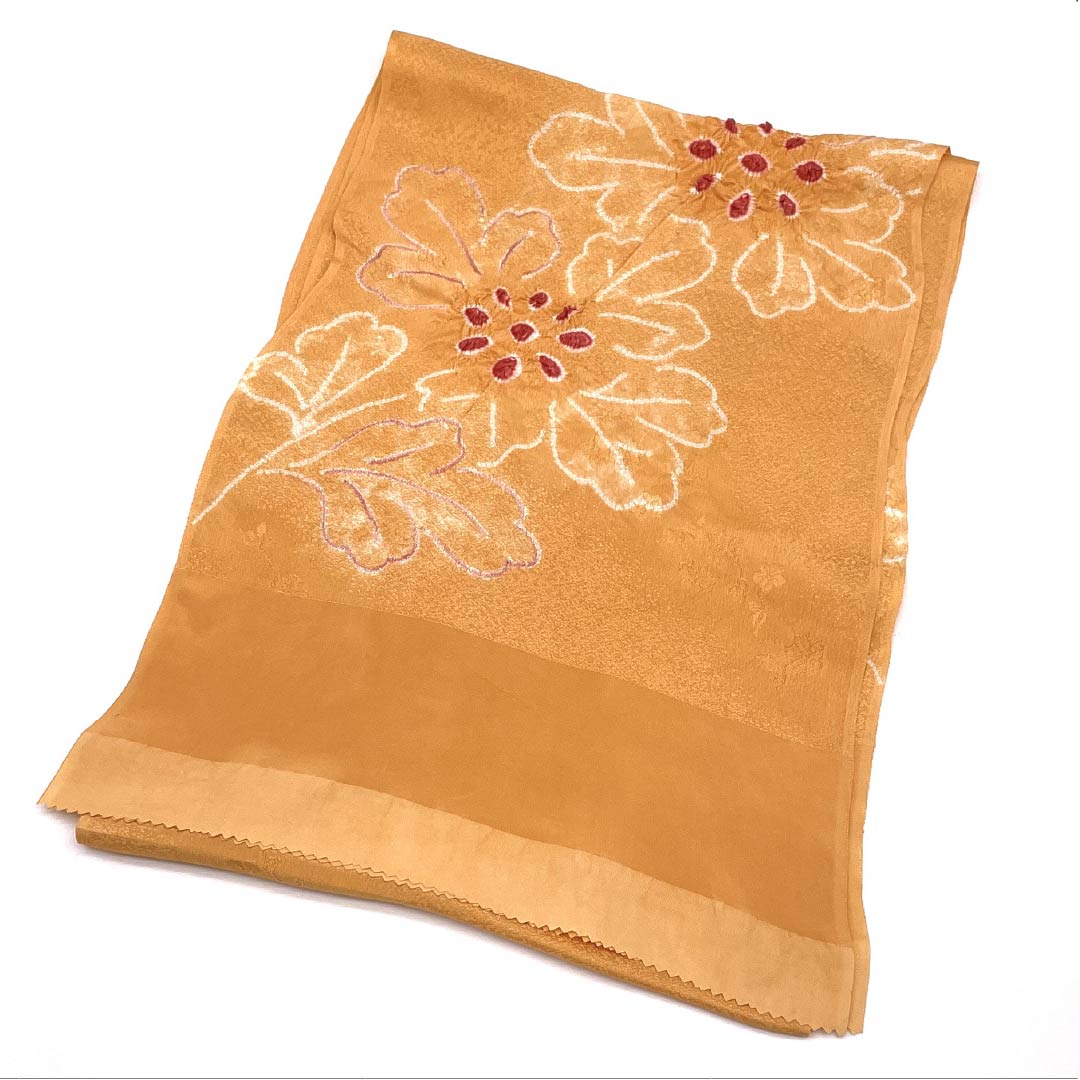 帯揚げ 正絹 Aランク セミフォーマル 杏子色(あんずいろ) 部分絞り 花 長さ約168cm 幅約28cm 橙系 1136002973926