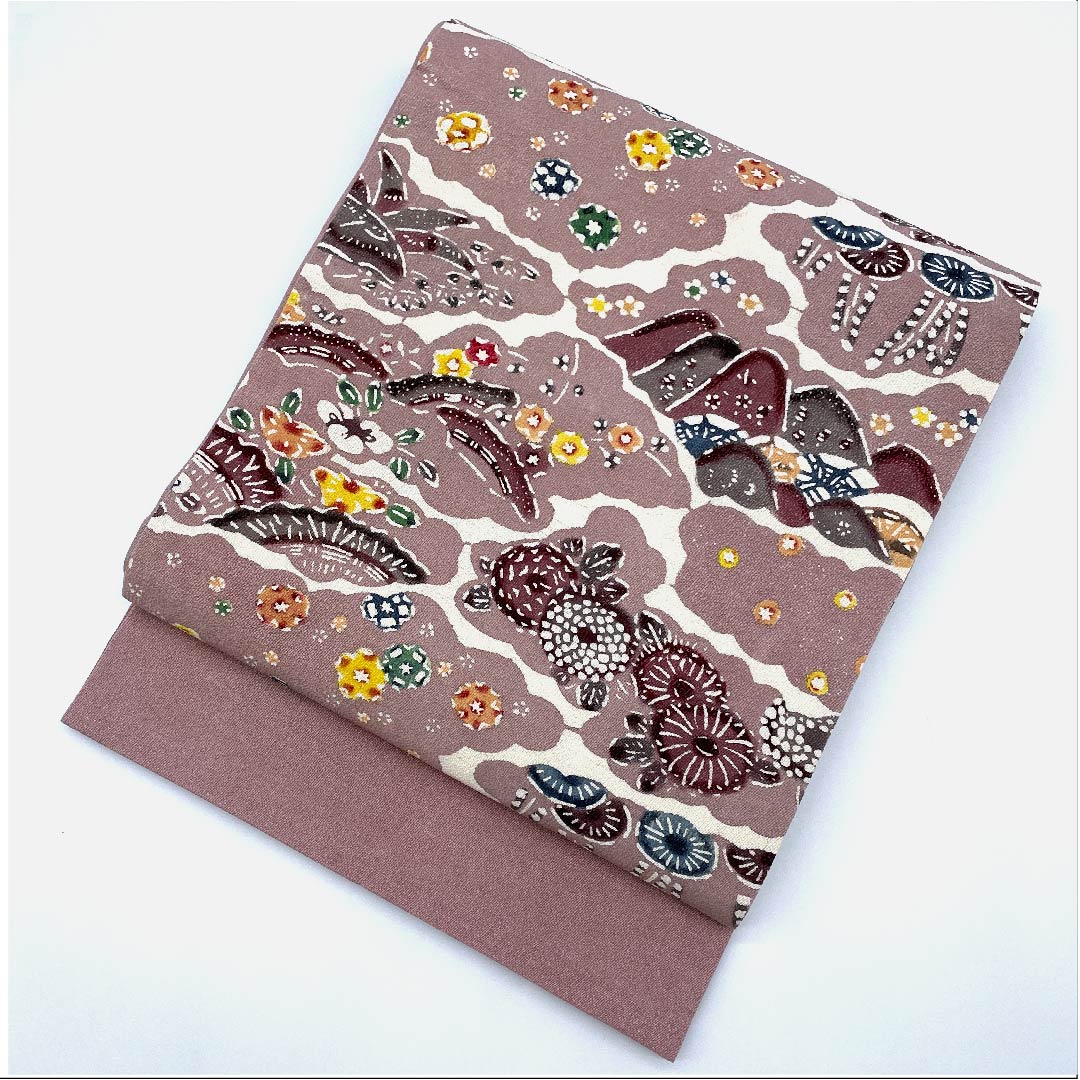 名古屋帯 紅鼠色 花柄 山 帯丈355cm 正絹 Bランク 三通 カジュアル ピンク系 1124004394313 開き仕立て