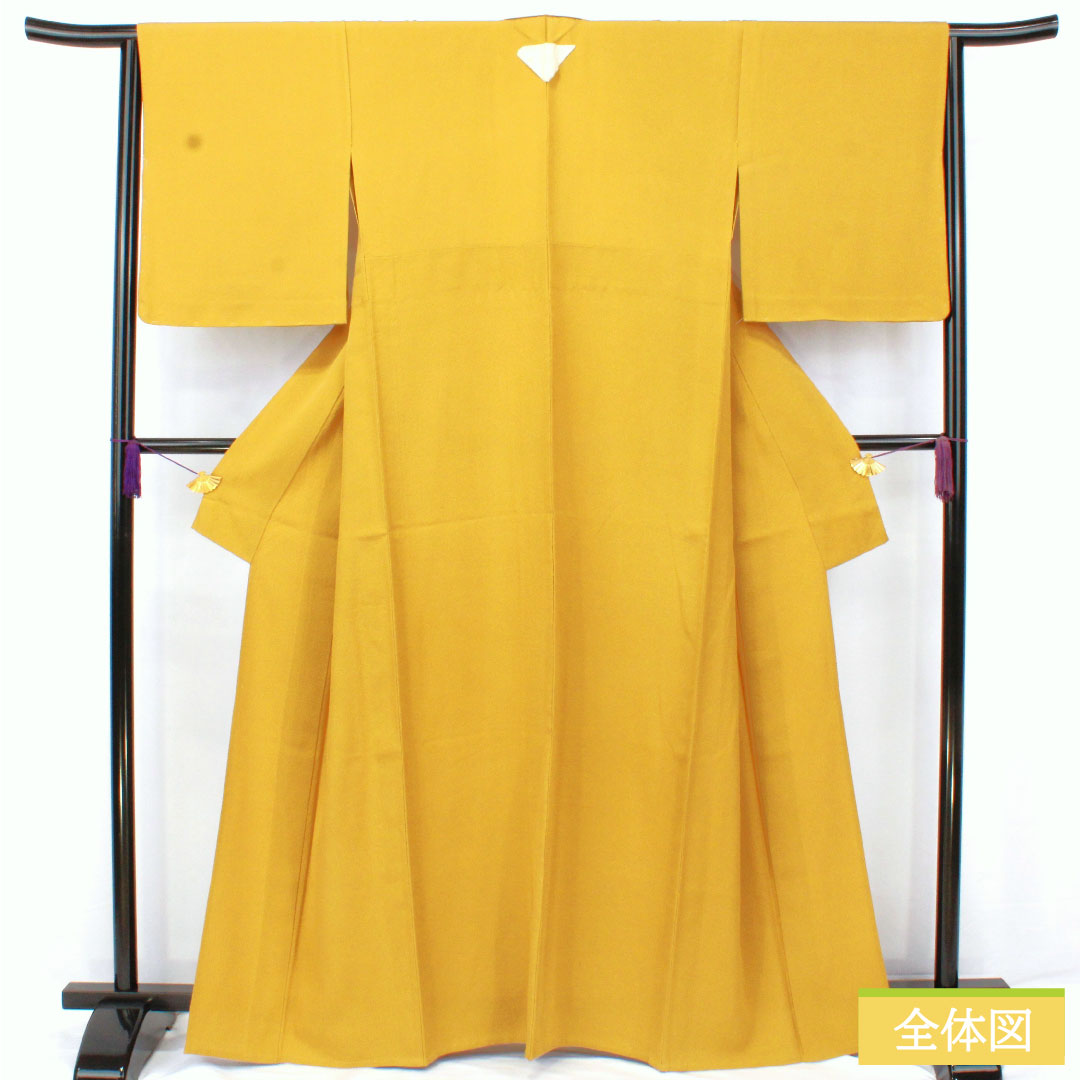色無地 正絹 身丈164cm 裄丈64.5cm 黄土色(おうどいろ) 素無地 一つ紋 桔梗 単衣 Aランク 黄系 1114002083423