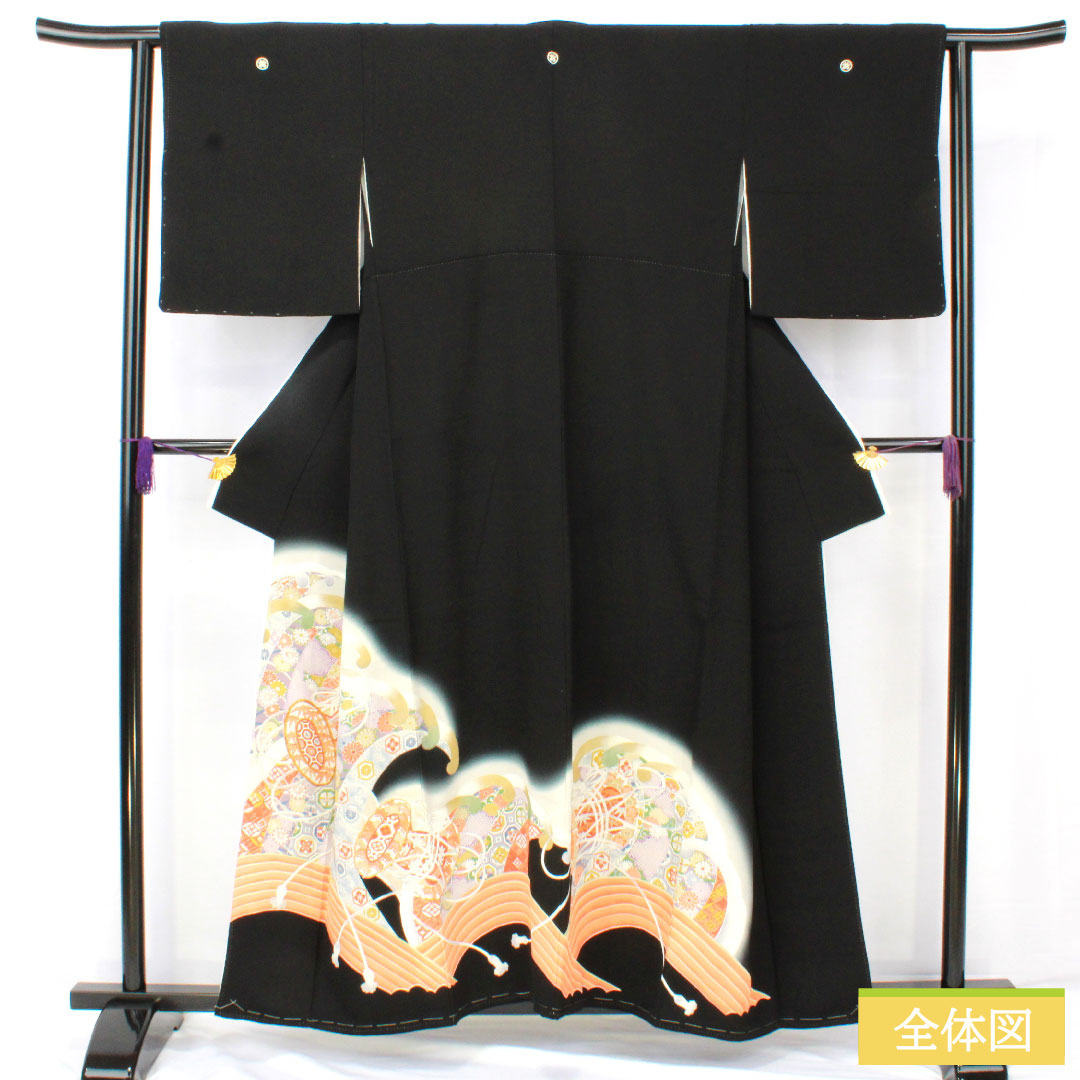 黒留袖 正絹 身丈157cm 裄丈62cm 袷 京友禅 吉祥文様 五つ紋 丸に違い矢羽根 Aランク 黒系 1111001763310