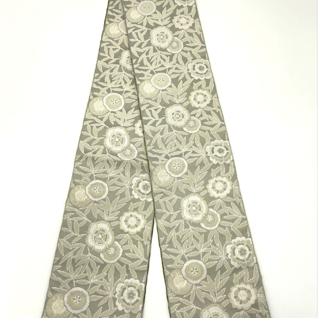 (New) Half-width Obi, Polyester, New Rank, Light Sumi-ink Gray (usuzumiiro), Kujin-iro (kikujiniro), Floral Pattern, Horizontal Stripes, Reversible, Obi Length 400cm, Gray Tones, 1125002421422