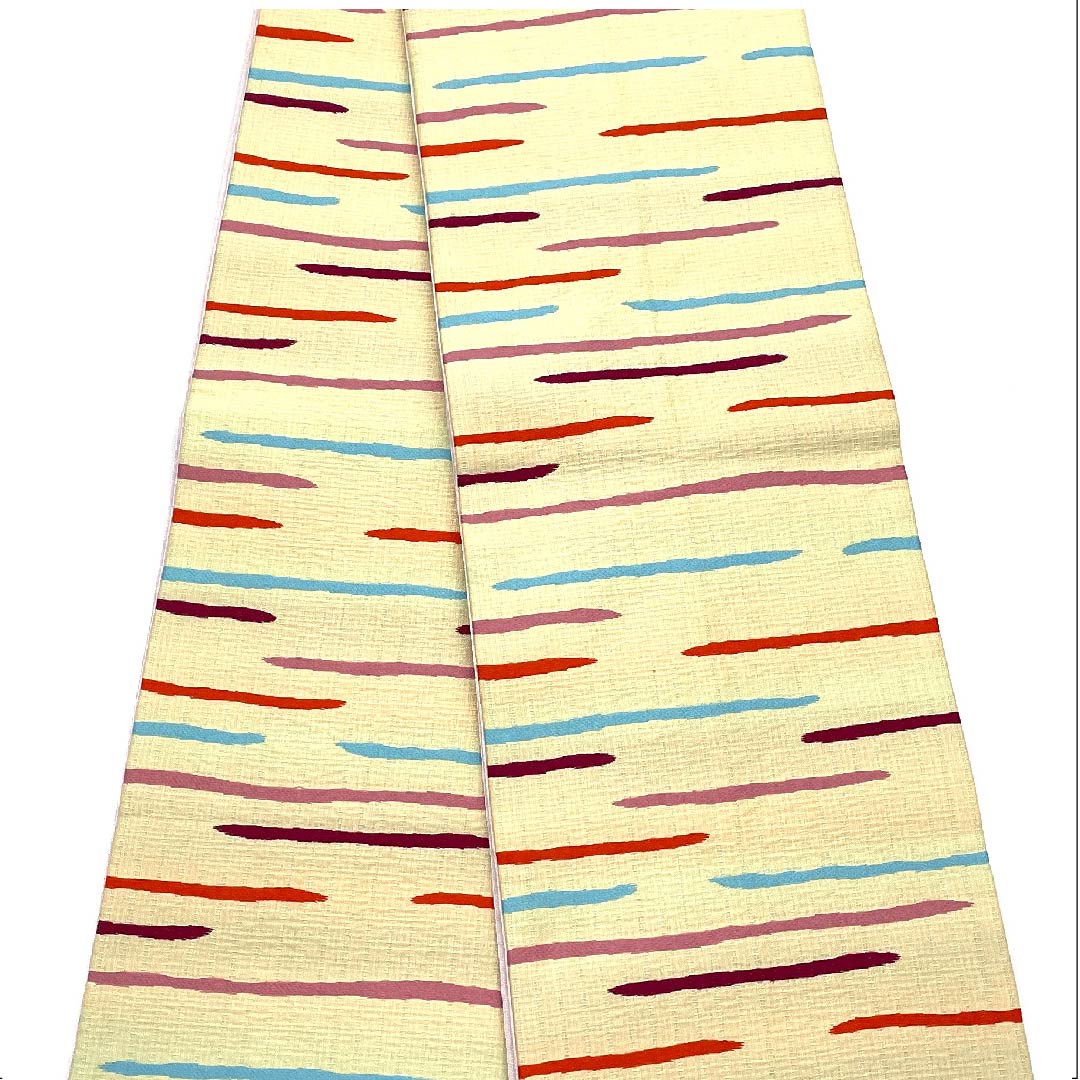 半幅帯 ポリエステル 魚子黄(ぎょしこう) 幾何学模様 横線 カラフル 帯丈394cm クリーム系 Sランク 1125000892315