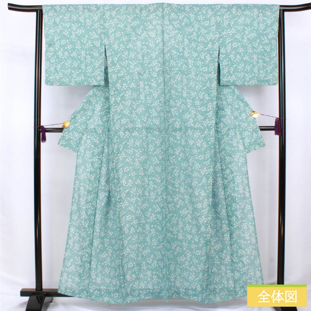 夏物 ポリエステル 小紋 身丈161cm 裄丈64cm 水浅葱色(みずあさぎいろ) 小花 洗える着物 絽 Aランク 水色系 1132002473424