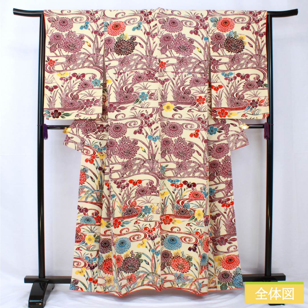 訪問着 正絹 袷 身丈159.5cm 裄丈64.5cm 薄卵色(うすたまごいろ) 京紅型 草花模様 流水 Bランク クリーム系 1112006064315
