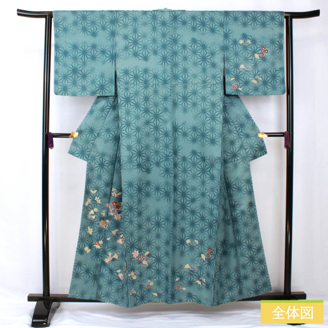 Homongi (formal kimono) made of polyester, lined, length 157cm, sleeve length 62cm, indigo brown, washable, hemp pattern, small pattern scattered, with basting thread, S rank, blue, 1112006052317