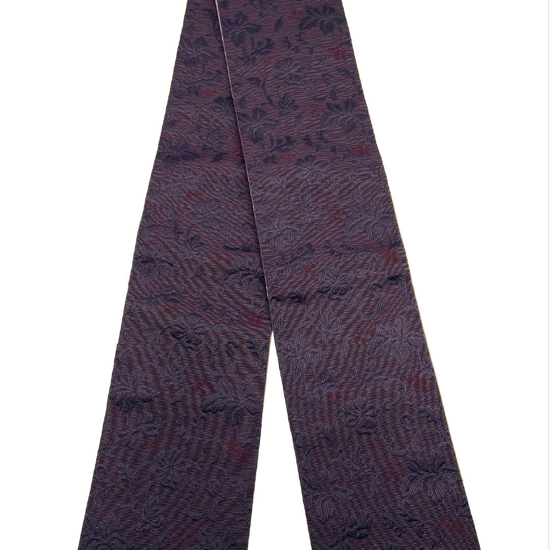 (新品)半幅帯 ポリエステル NEWランク 茄子紺色(なすこんいろ) 中紫色(なかのむらさきいろ) 唐花風 縞 リバーシブル 帯丈400cm 紫系 1125002451420
