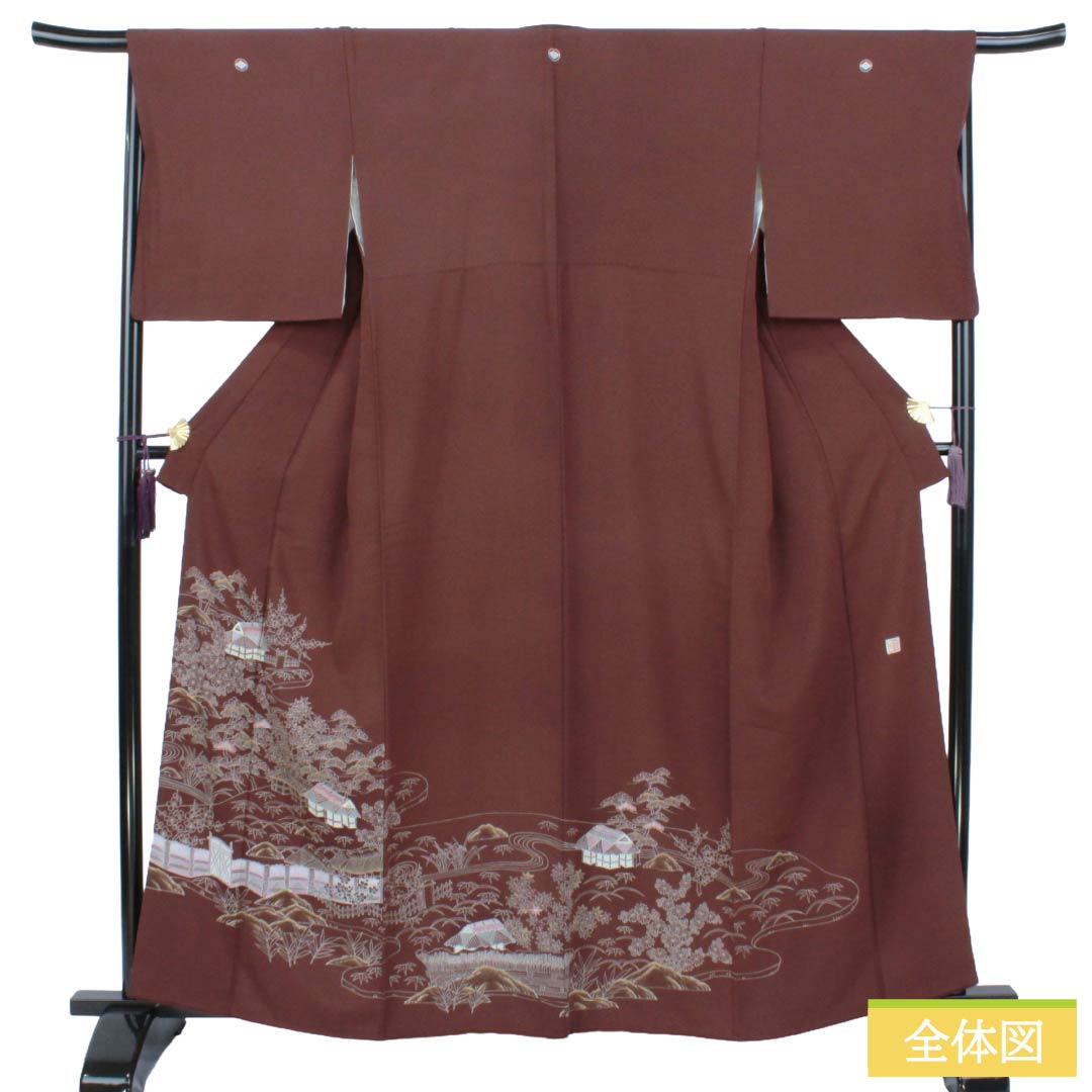 色留袖 正絹 Sランク 身丈159.5cm 裄丈68cm 袷 紅檜皮色(べにひわだいろ) 京友禅 茶屋辻 三つ紋 丸に花菱 作家物 三つ紋 茶系 1111002232314