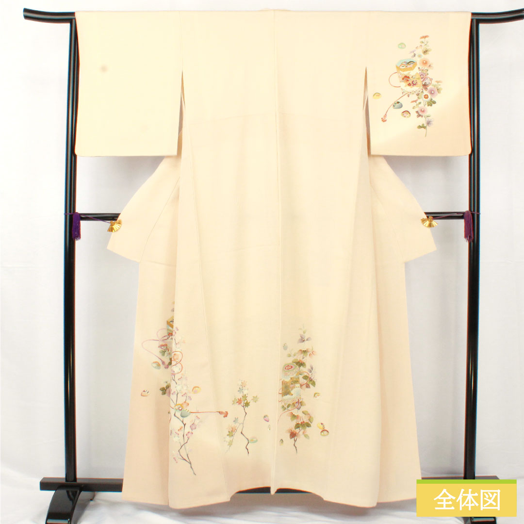 訪問着 正絹 袷 身丈158cm 裄丈64.5cm 砥粉色(とのこいろ) 京友禅 貝桶 吉祥文様 しあわせガード Aランク クリーム系 1112005803315