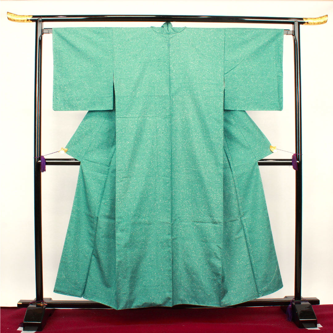 牛首紬 身丈155.5cm 裄丈65.5cm 未使用品 しつけ糸付き 山藍摺色 タタキ染 丸に木瓜 正絹 Sランク 袷 緑系 1116002232319