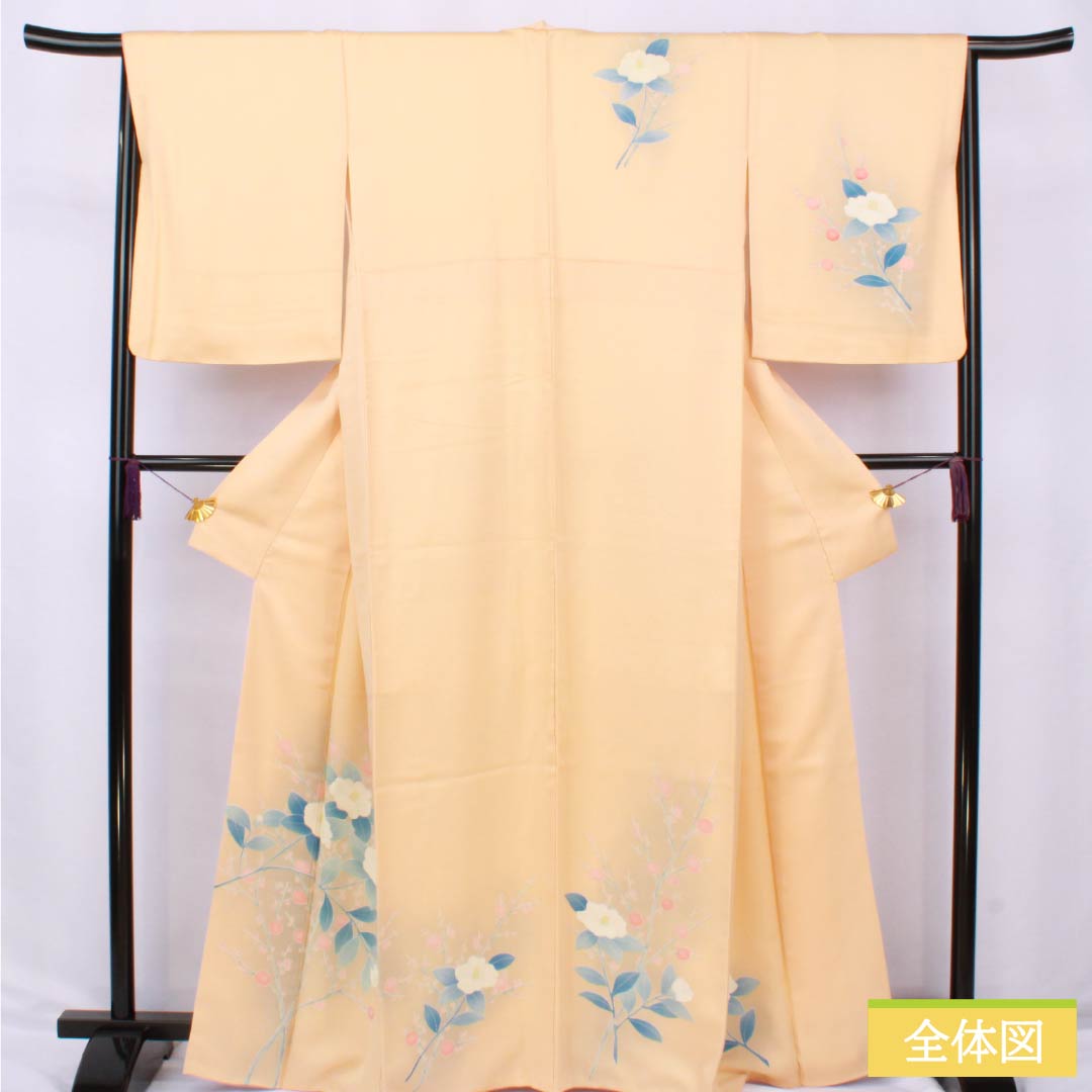 訪問着 正絹 Aランク 袷 身丈166.5cm 裄丈62.5cm 薄柿色(うすがきいろ) 京友禅 椿 橙系 1112006363526