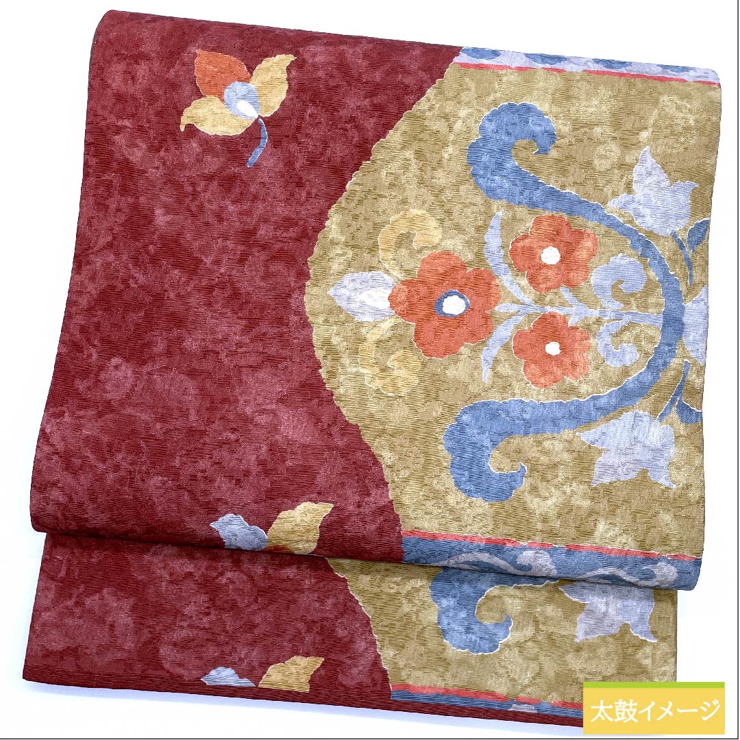 名古屋帯 京袋帯 牛血紅色 京袋帯 横段 唐花 よろけ縞 帯丈374cm 正絹 Sランク 六通 カジュアル 朱系 1124005912316 開き仕立て