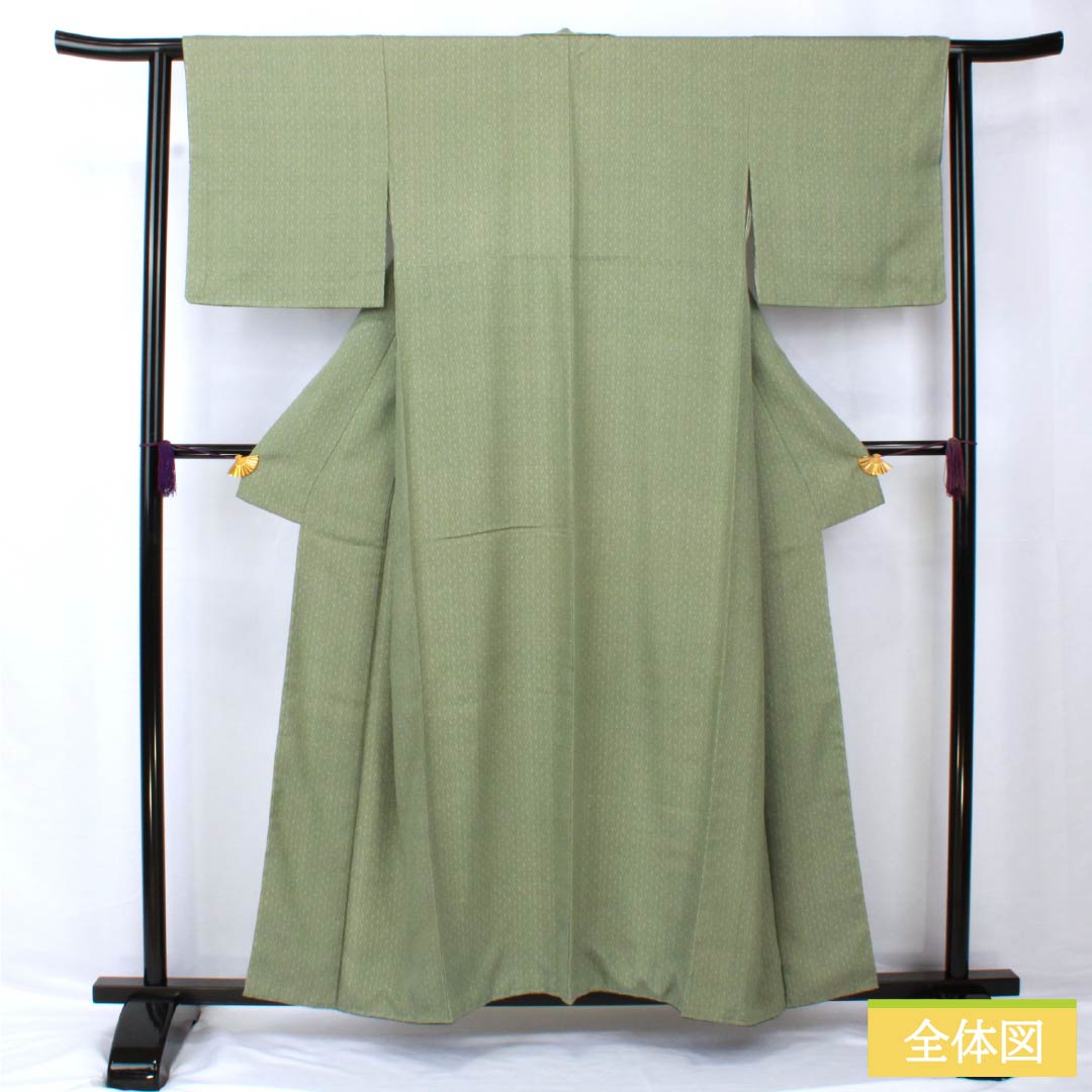 Komon, pure silk, length 157cm, sleeve length 62cm, lined, Iwai brown, stencil dyeing, Edo komon, hemp leaf pattern, with basting thread, A rank, green, 1115005323319