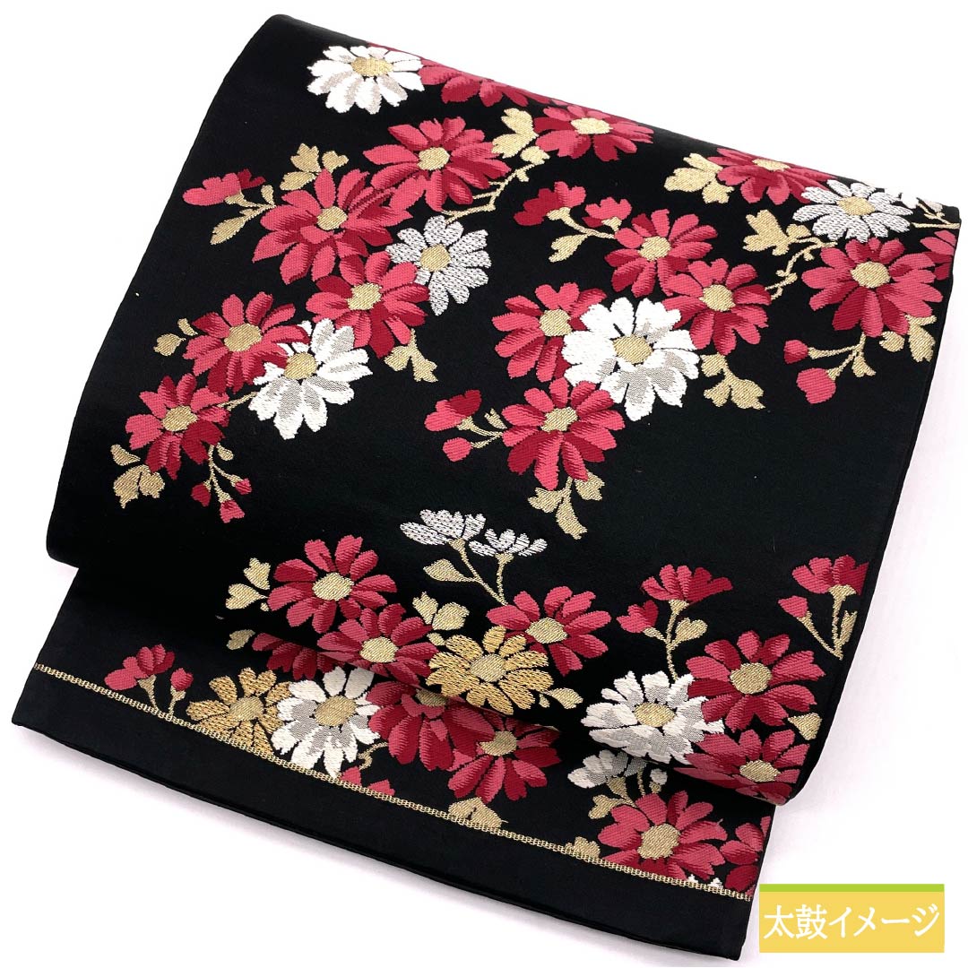 袋帯 正絹 振袖用 花模様 帯丈410cm Sランク 六通 フォーマル 黒系 1123014102310