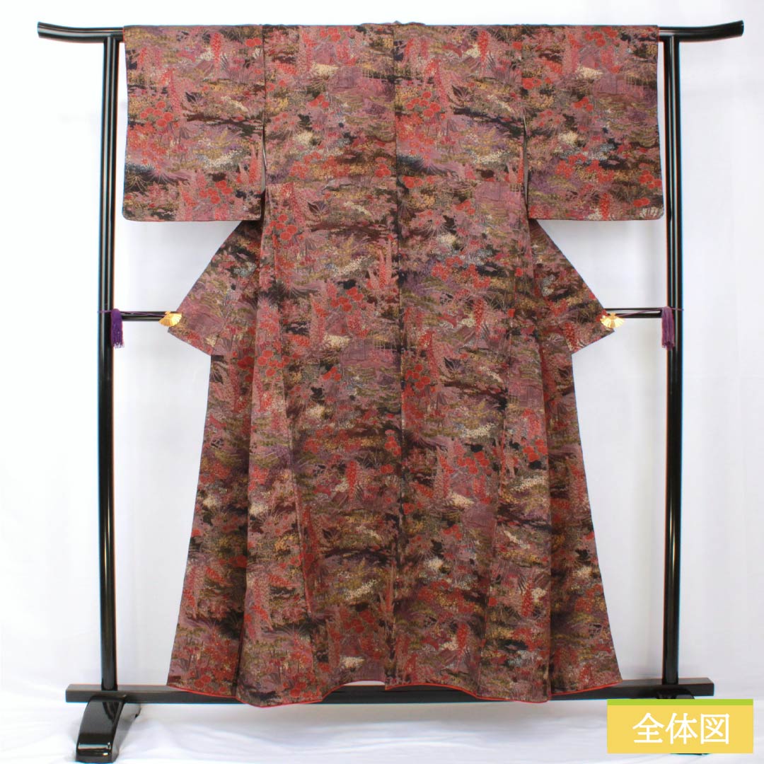 小紋 正絹 身丈153.5cm 裄丈63cm 袷 檳榔子黒色(びんろうじぐろいろ) 型染 古典柄 Sランク 黒系 1115005312210