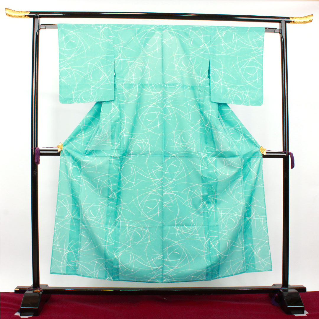 夏物 ポリエステル 小紋 身丈154.5cm 裄丈61.5cm 水浅葱色(みずあさぎいろ) 洗える着物 幾何学模様 絽 Sランク 水色系 1132001722224