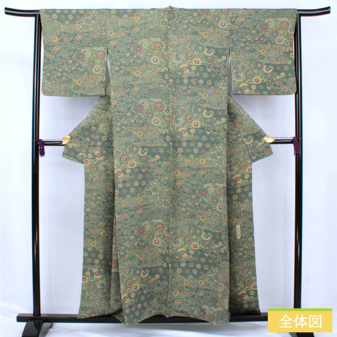 小紋 正絹 Aランク 身丈155.5cm 裄丈64cm 袷 鉄色(てついろ) 江戸小紋 南部幸雄 菊 割付文様 緑系 1115007243319