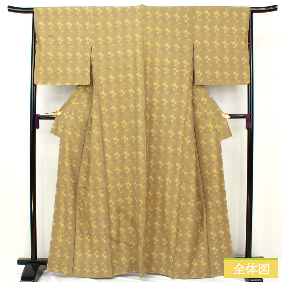 小紋 ポリエステル 身丈163cm 裄丈65cm 袷 紀州茶色(きしゅうちゃいろ) 洗える着物 抽象花 しつけ糸付き 未使用品 Sランク 緑系 1115004922419