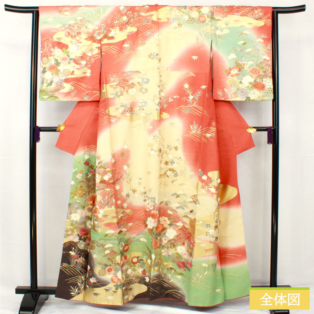 訪問着 正絹 袷 身丈160cm 裄丈63cm 珊瑚色(さんごいろ) 京友禅 刺繡 吉祥文様 Aランク ピンク系 1112005423413