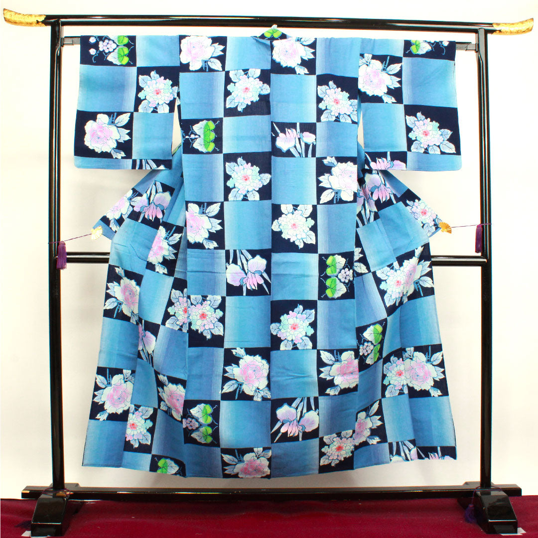 浴衣 市松 紫陽花 葡萄 木綿 Sランク 単衣 身丈153cm 裄丈65cm グラデーション系 1118003052299