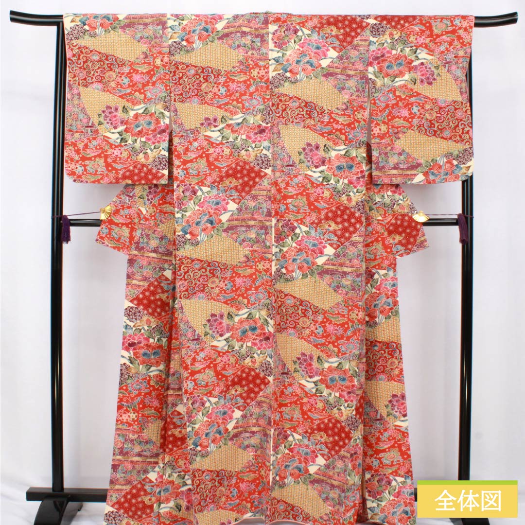 小紋 正絹 Sランク 身丈163cm 裄丈67cm 袷 京紅型 割付文様 紅型調 草花 グラデーション系 1115007342499