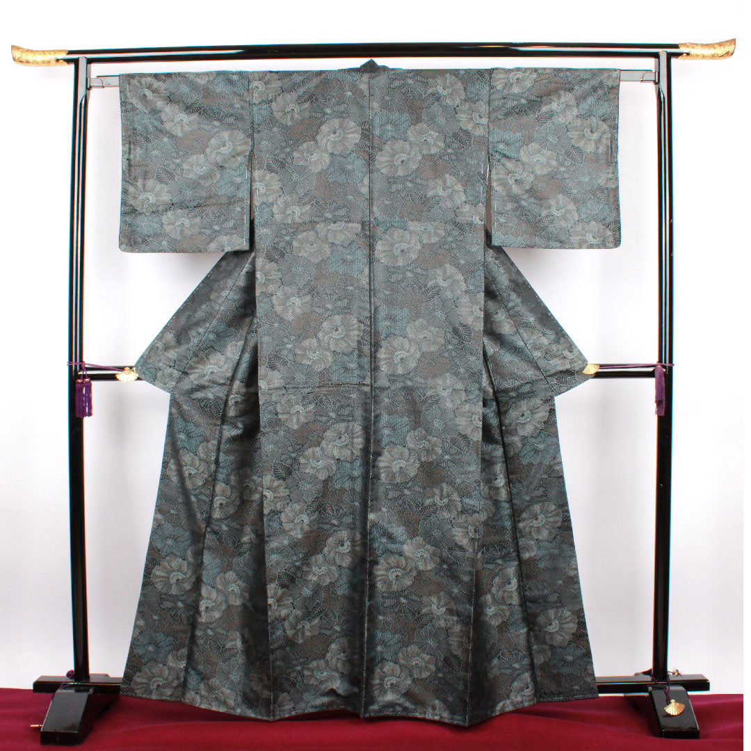 紬 正絹 身丈157.5cm 裄丈63cm お召 花模様 Aランク 袷 黒系 1116001703310