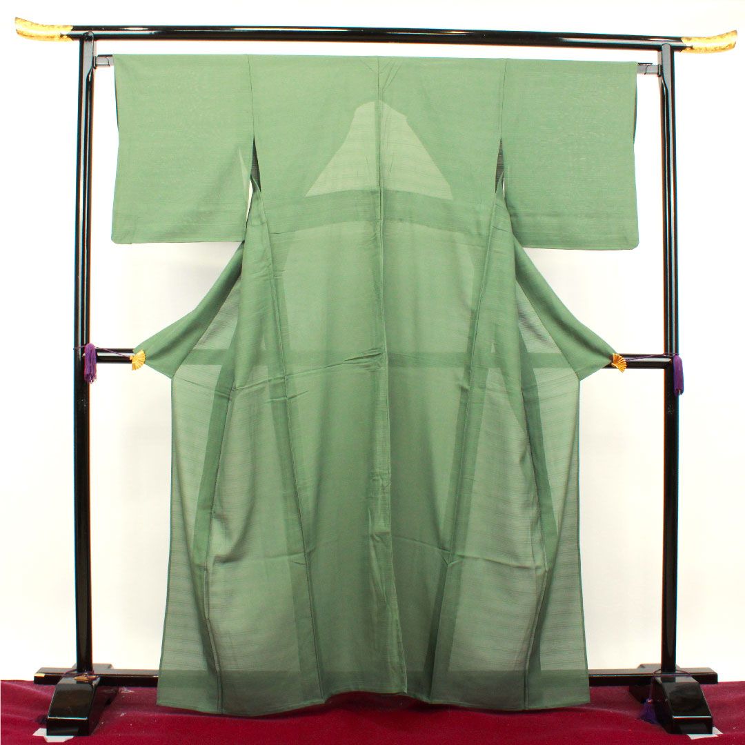 夏物 正絹 色無地 身丈162.5cm 裄丈66cm 笹色(ささいろ) 素無地 絽 Aランク 緑系 1132001073419