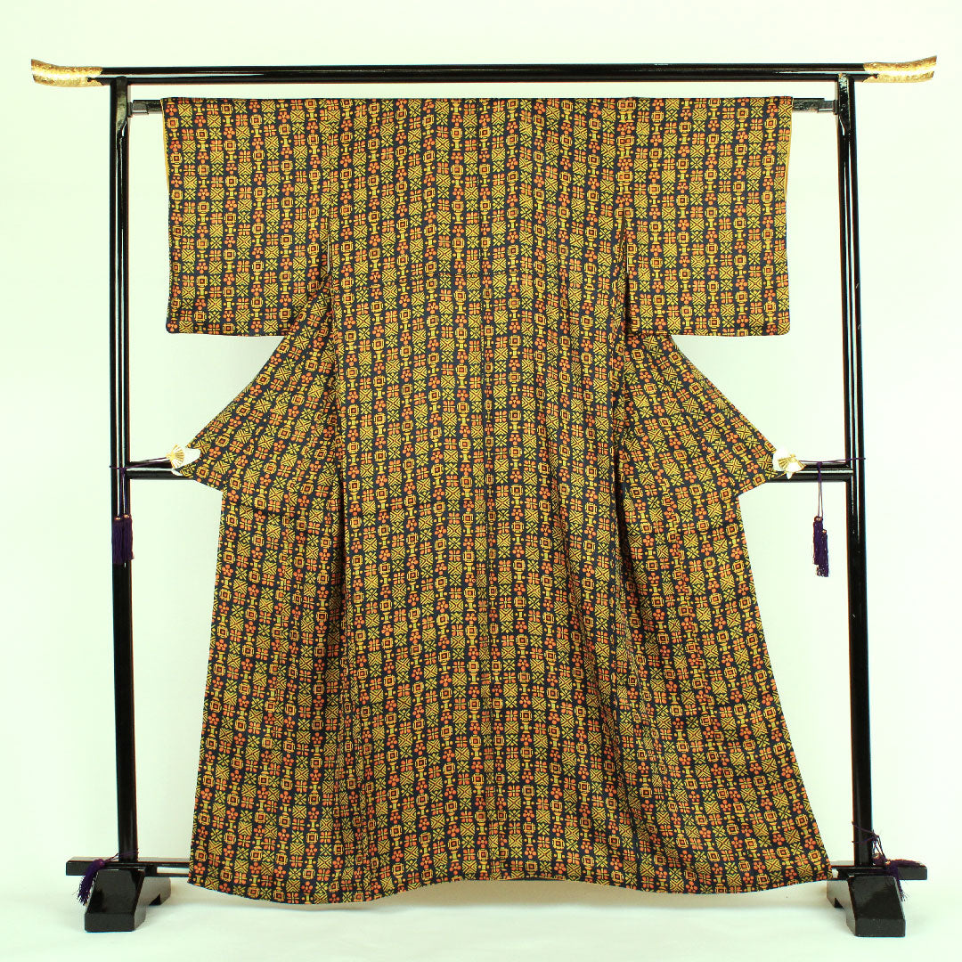 小紋 身丈162.5cm 裄丈65cm 袷 オシャレ小紋 正絹 Sランク 紺系 1115000132318
