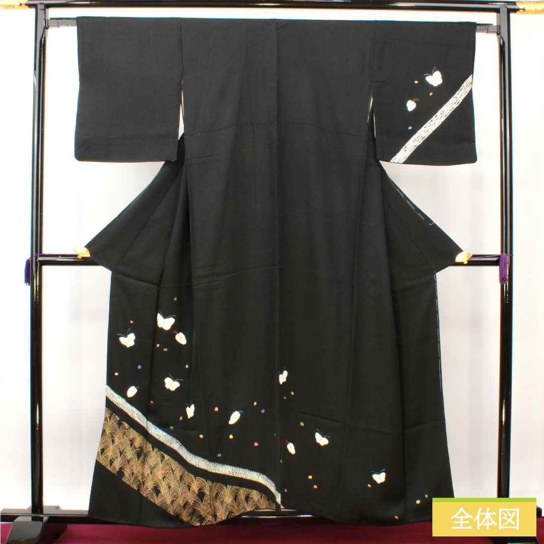 訪問着 正絹 袷 身丈157.5cm 裄丈63.5cm 絞り 蝶 Aランク 黒系 1112004393310
