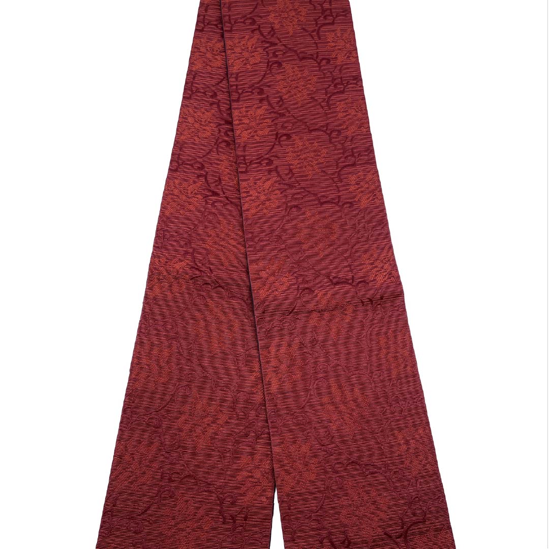 (New) Reversible Half-Width Obi, Polyester, New Condition, Dark Safflower Color (Fukakisou-iro) with Black and Arabesque Floral Pattern, Horizontal Stripes, Obi Length 400cm, Red-toned, 1125002661412