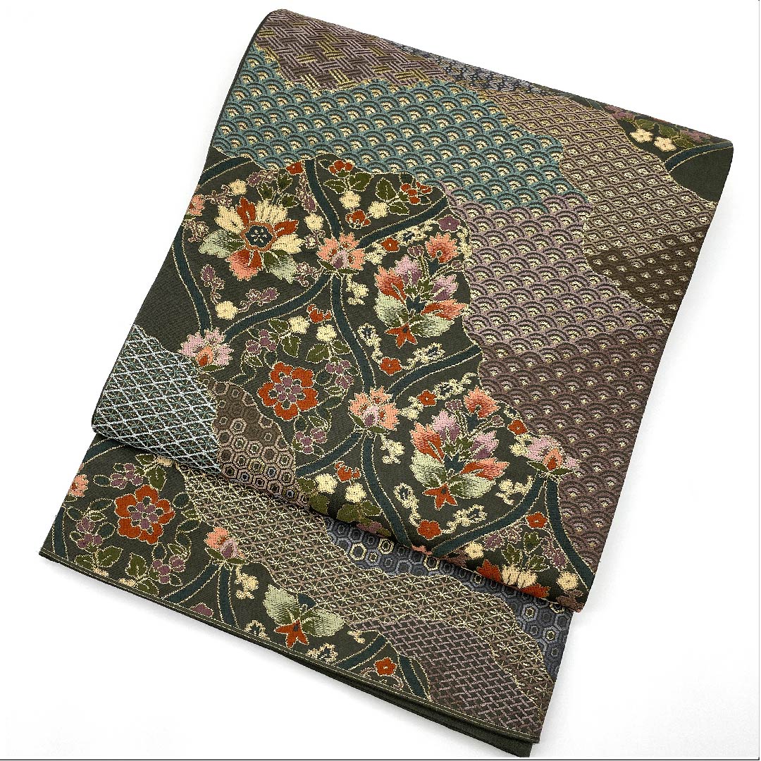 Fukuro Obi Black Oak Color (Kuro Tsurubamiiro) Tachiwaku Seigaiha Tortoise Shell Shirayaen Oba Obi Length 440cm Pure Silk A Rank Six-way Formal Green 1123008953319