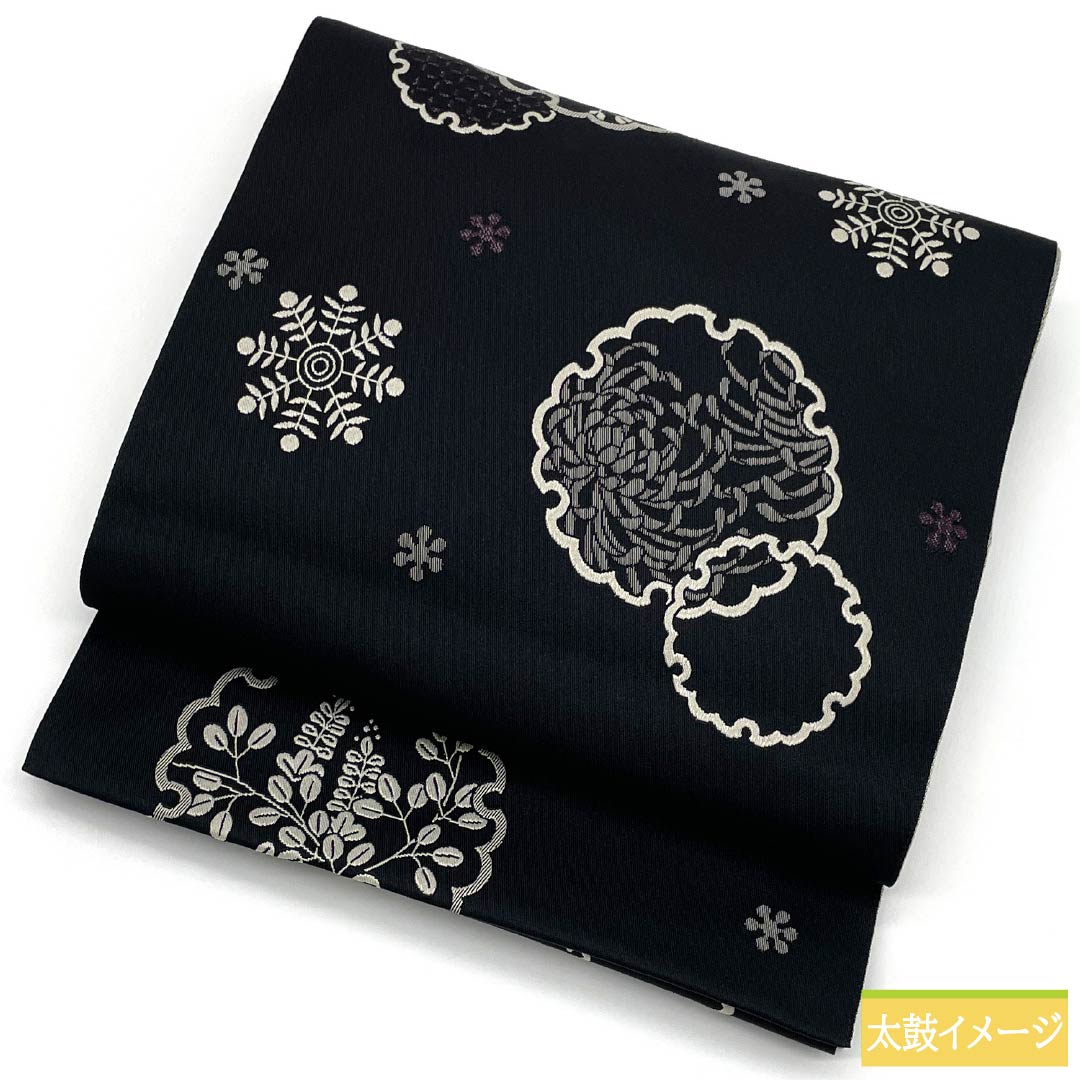 名古屋帯 ポリエステル Sランク 雪輪 雪の結晶 乱菊 帯丈369cm 全通 カジュアル 黒系 1124010862310 松葉仕立て