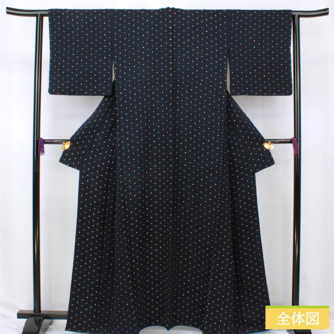 小紋 正絹 Aランク 身丈162.5cm 裄丈62.5cm 袷 濃紺色(のうこんいろ) 絞り 籠目 点 紺系 1115007353418