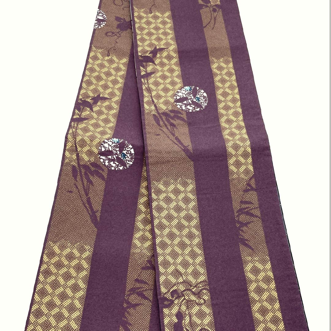 半幅帯 ポリエステル 帯丈392cm 古代紫色(こだいむらさきいろ) 植物模様 モノトーン 縞 ストライプ リバーシブル 紫系 Sランク 1125001592320