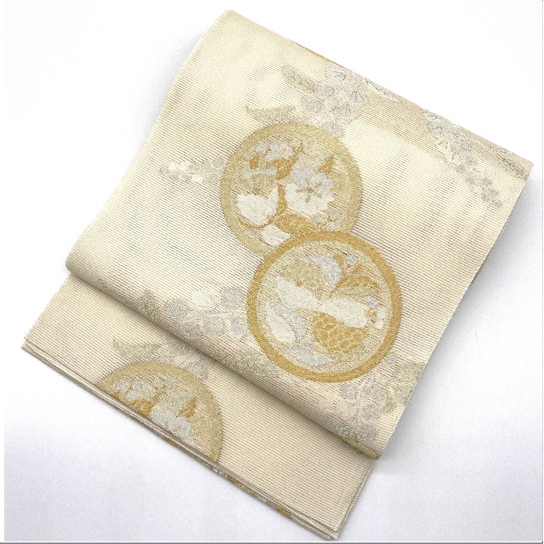 袋帯 生成り色(きなりいろ) 夏帯 花紋 帯丈432cm 正絹 Sランク 六通 フォーマル クリーム系 1123007372315