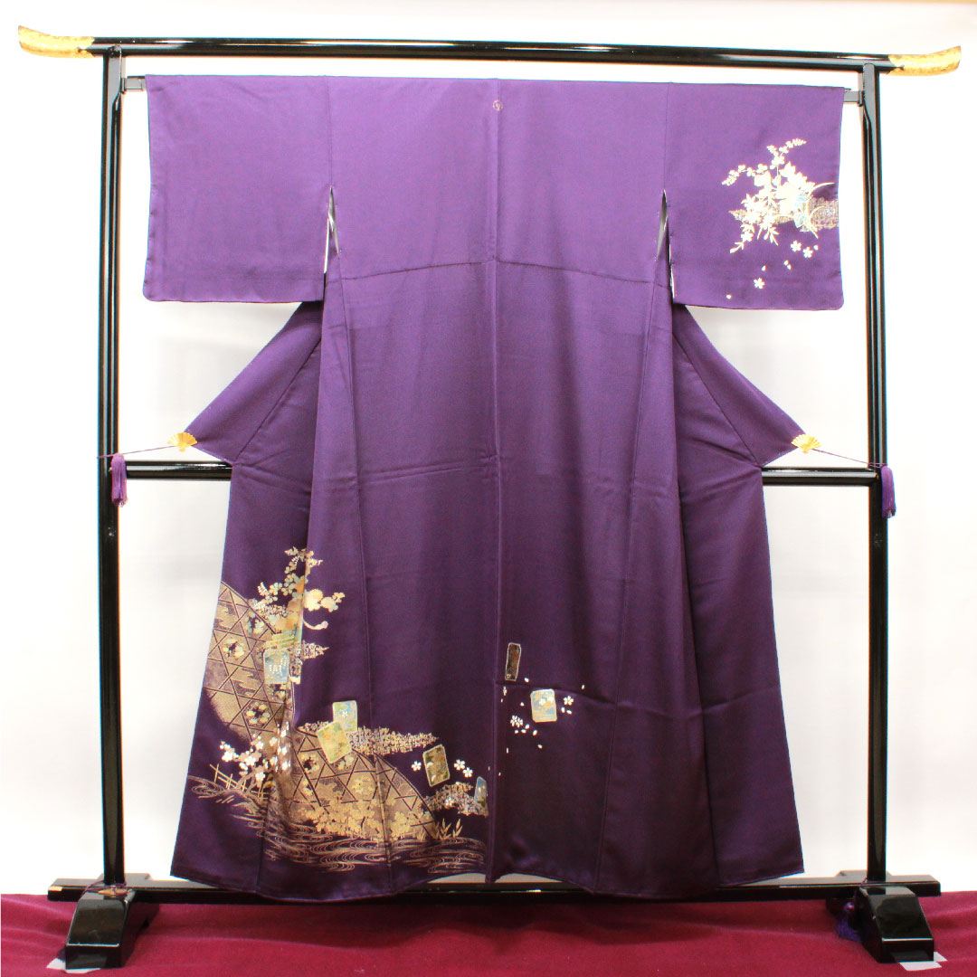 訪問着 正絹 袷 身丈155cm 裄丈68cm 深紫色 金彩加工 しつけ糸付き 吉祥文様 Sランク 紫系 1112003192320