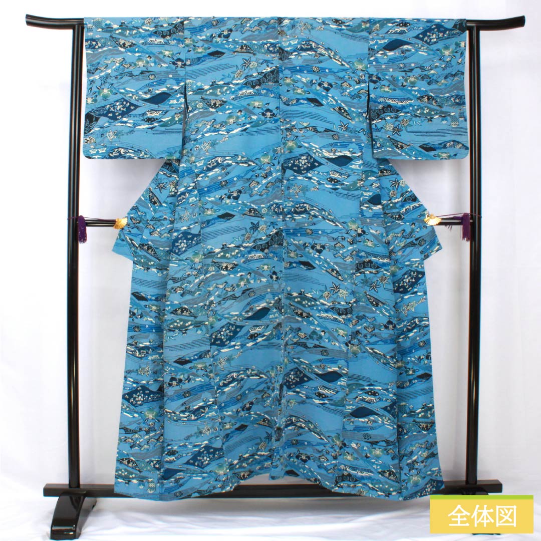 小紋 正絹 身丈154cm 裄丈64.5cm 単衣 空色(そらいろ) 型染 藍型調 吉祥文様 Bランク 青系 1115005614217